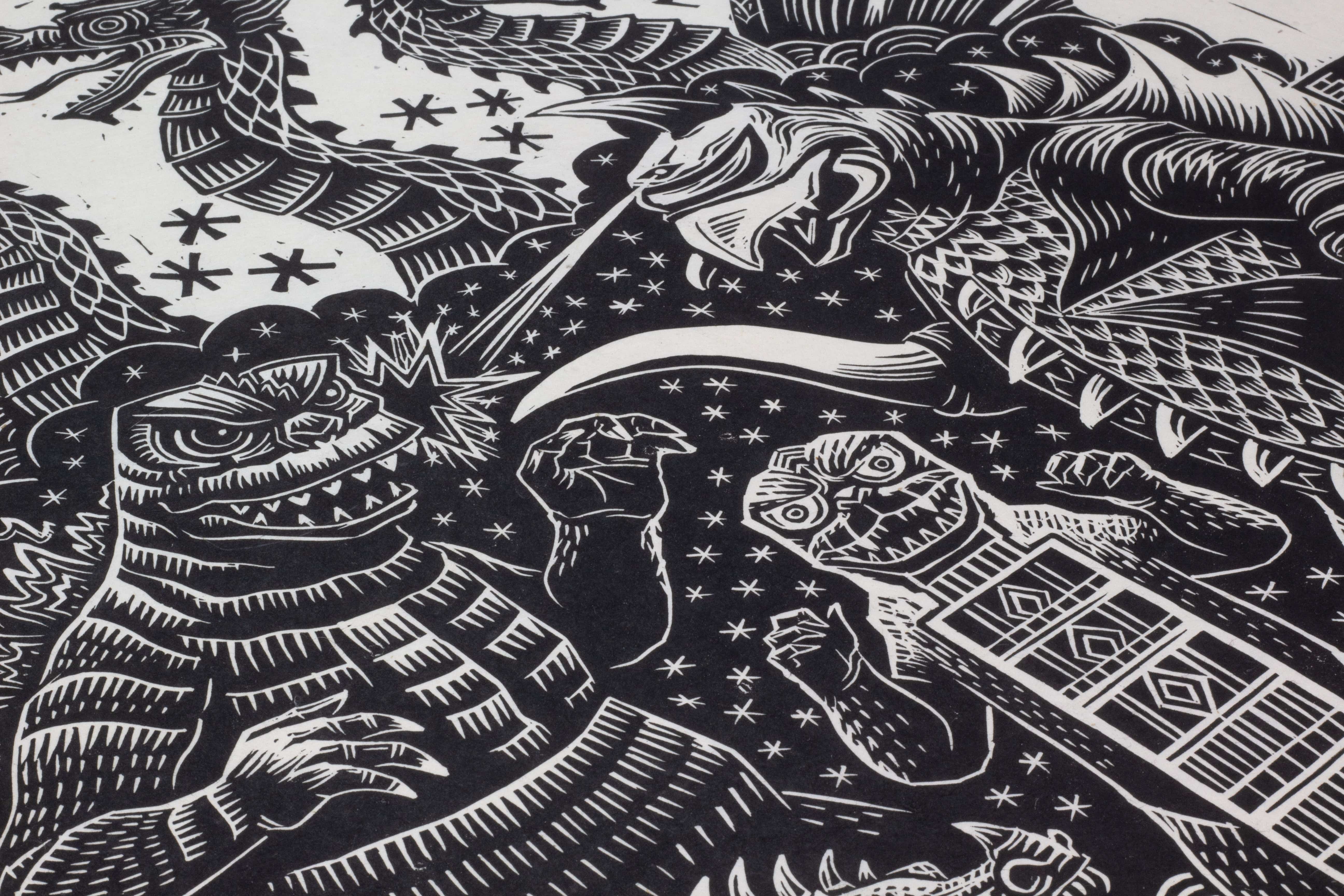 Godzilla vs Gigan Linocut Poster