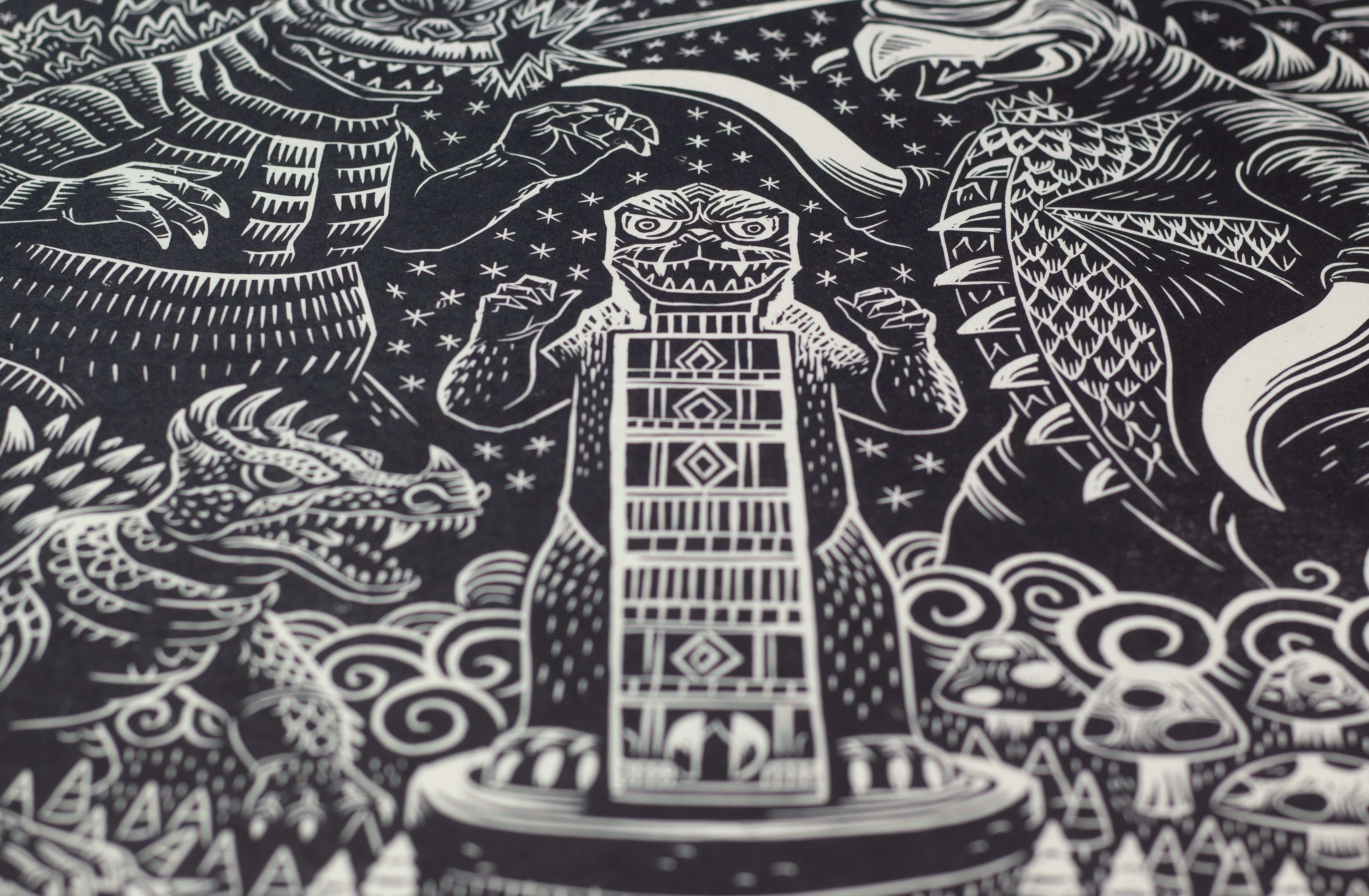 Godzilla vs Gigan Linocut Poster