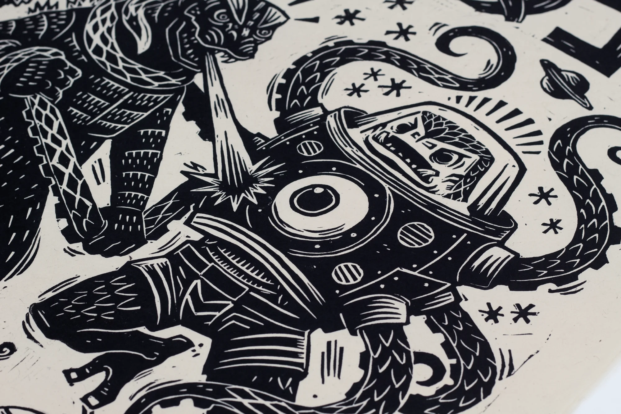 Godzilla vs. Takoro Linocut Poster