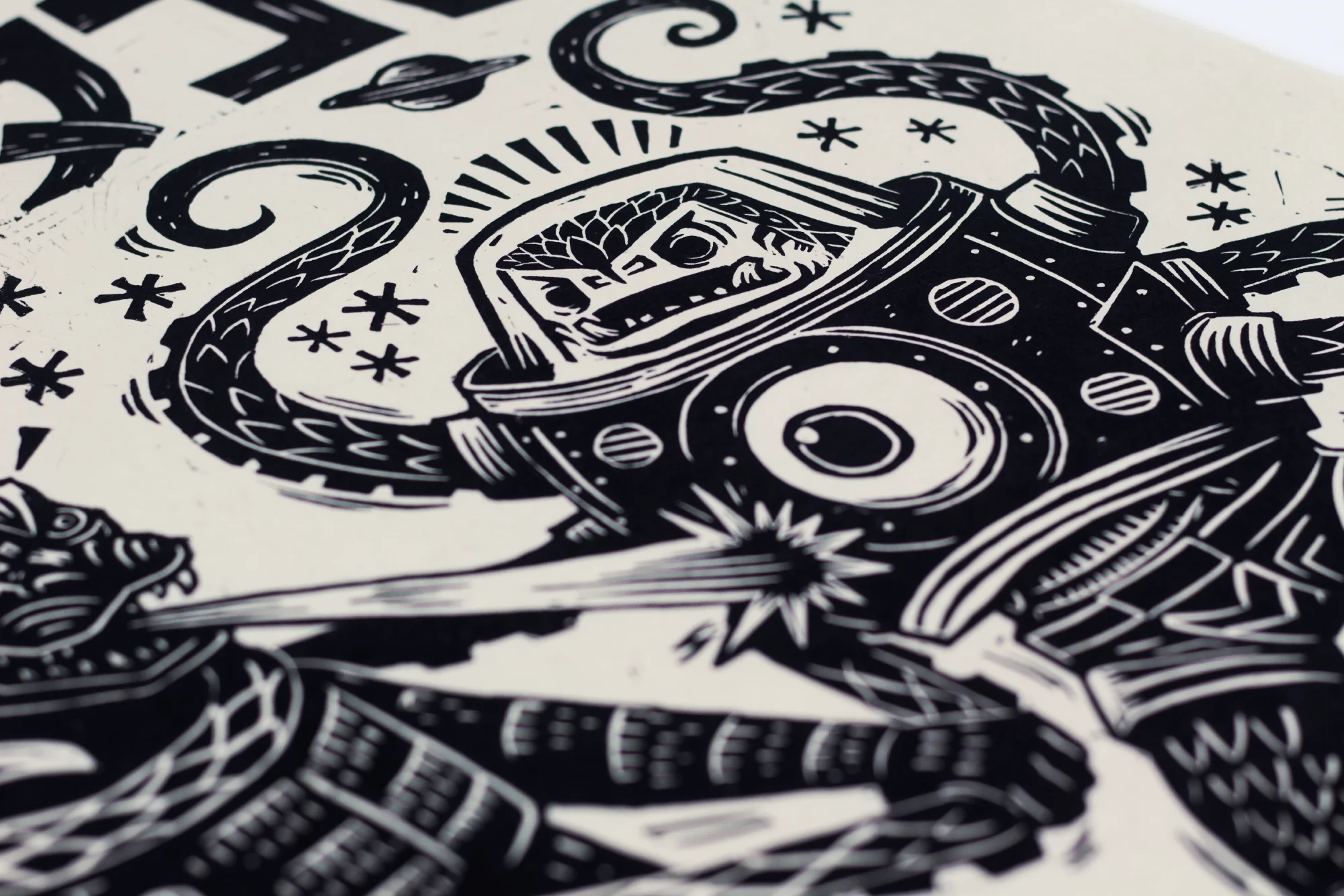 Godzilla vs. Takoro Linocut Poster